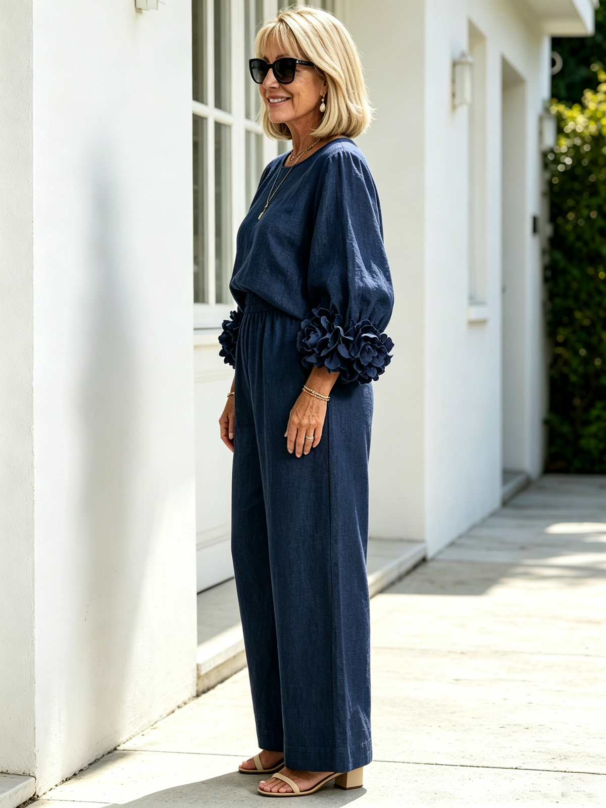 2Pcs Women Solid Color Linen Two Piece Pant Set, Crew Neck Long Sleeve Top with Statement 3D Floral Ruffle Cuffs, Elastic Waist Wide Leg Trousers, Relaxed Fit Matching Outfit for Casual Holiday Daily Outing