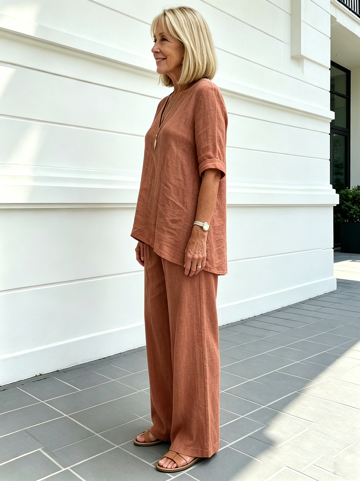 Casual Cotton and Linen Solid Color Fashion Casual Medium Sleeve V-neck Top Set
