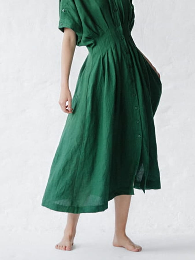Women's Solid Color Gathered Waist Button Linen Dress