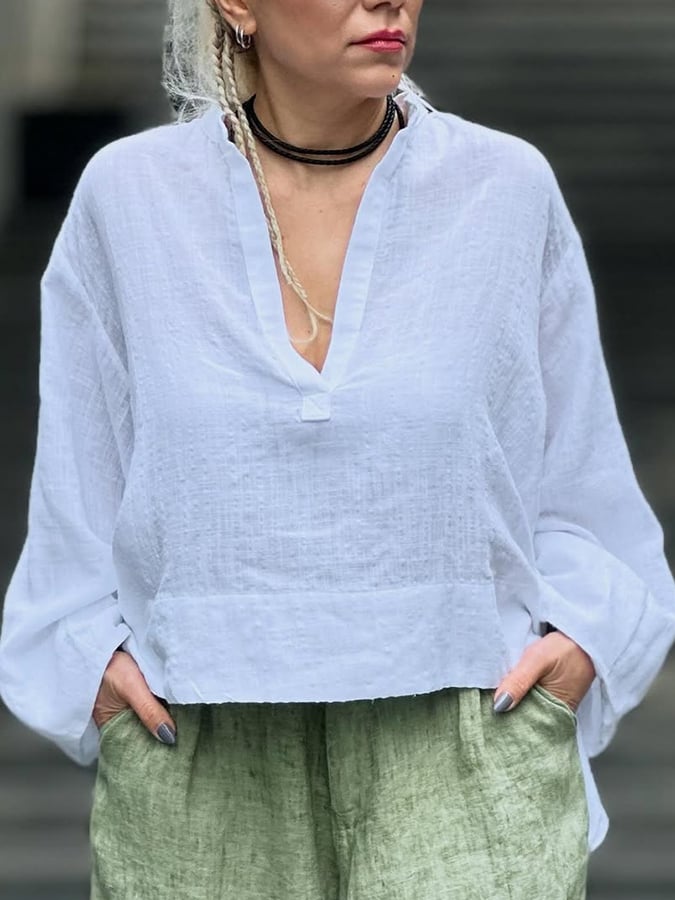 Women's Casual Solid Color V-Neck Long Sleeve Loose Top Cropped Shorts Set