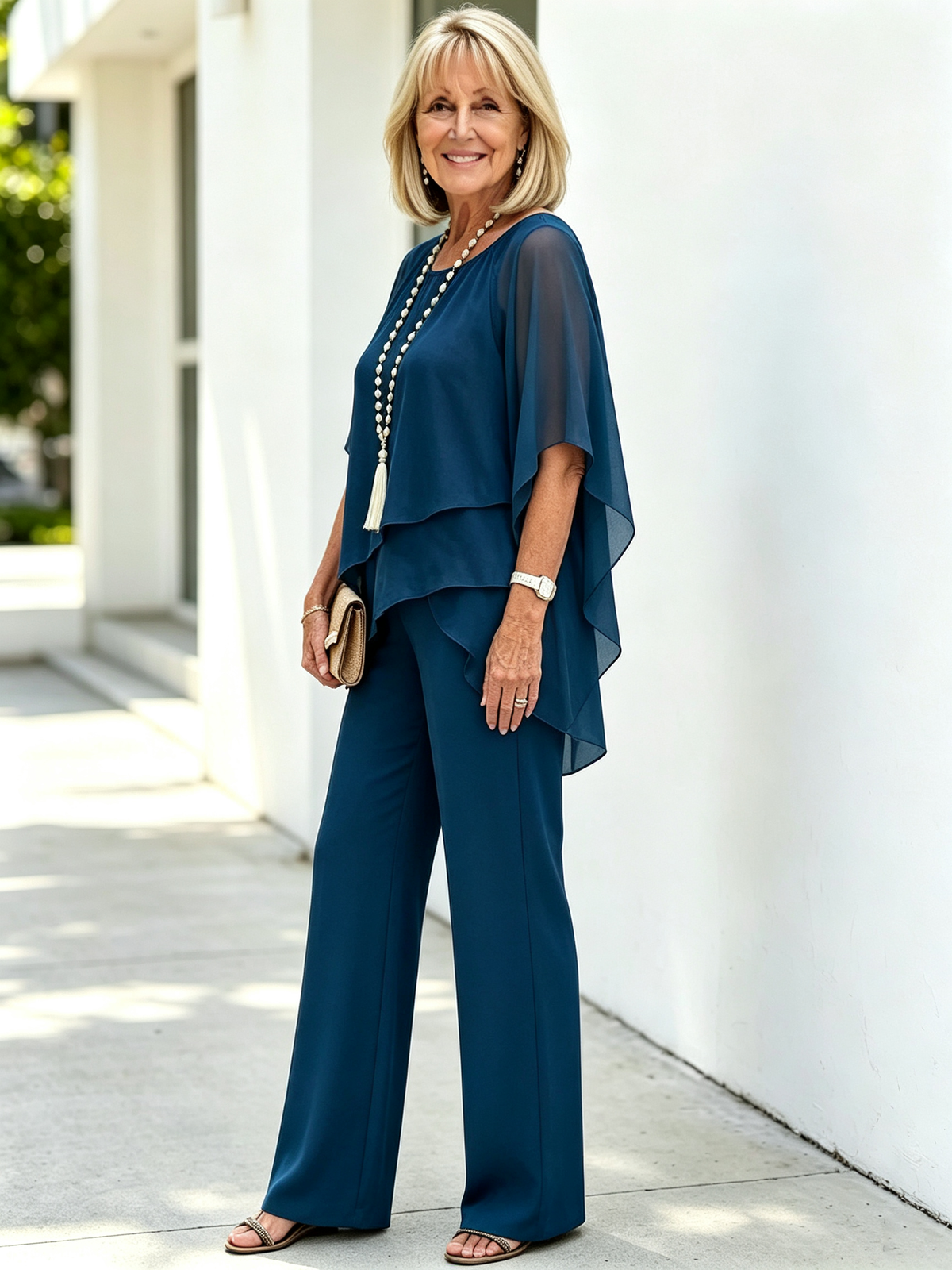 2 Piece Pant Set, Round Neck Keyhole Cutout Chiffon Cape Top, Irregular Layered Hem, Loose Flowy Batwing Sleeves, High Waist Straight Wide Leg Trousers, Lightweight Sheer Fabric, Elegant Outfit Set for Wedding Guest and Formal Occasions