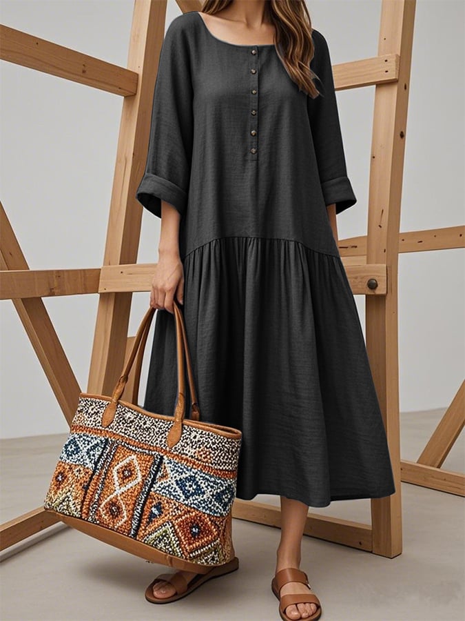 Women'S Solid Color Square Neck Retro Button A-Line Loose Holiday Dress