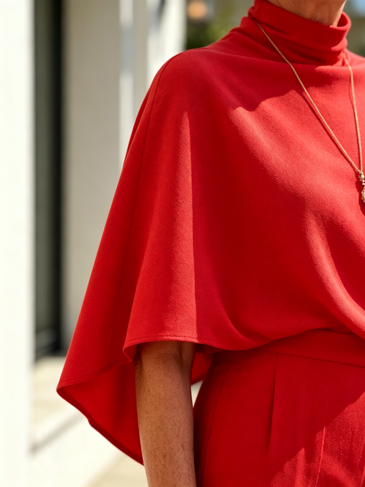 Solid Color 2 Piece Outfit Set, Semi High Mock Neck Cape Sleeve Blouse, High Waist Split Wide Leg Pants, Light Textured Woven Fabric, Relaxed Elegant Silhouette, Flowy Cape Top and Front Slit Trousers for Formal and Semi-formal Occasions