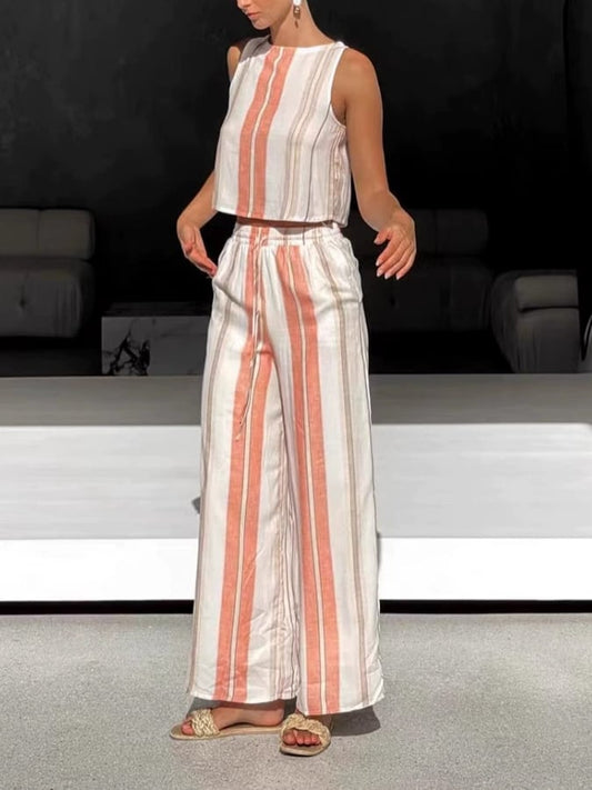 Women's Casual Striped Sleeveless Top and Wide Leg Pants Set