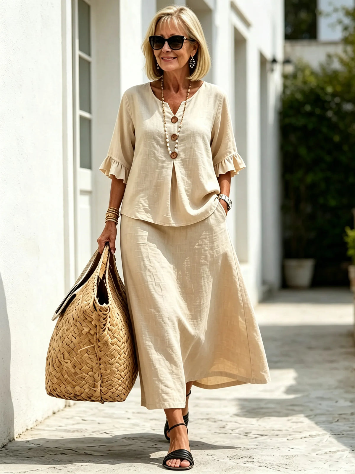2Pcs Casual Matching Top and Skirt Set, V Neck Button Placket Blouse, Ruffle Edge Seven-quarter Sleeve, Solid Lightweight Linen-like Fabric, Loose A-line Midi Skirt, Relaxed Fit Co-Ord Outfit for Daily Wear and Vacation