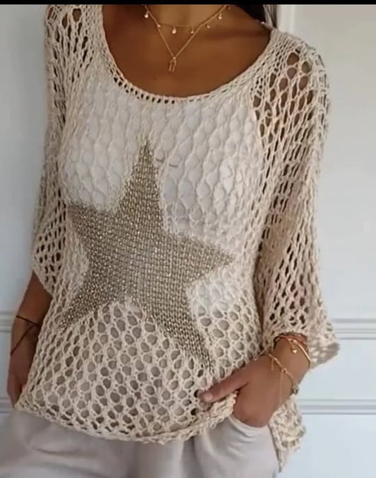 Five-Star Round Neck Hollow Crochet Tops (Buy 3 Free Shipping)