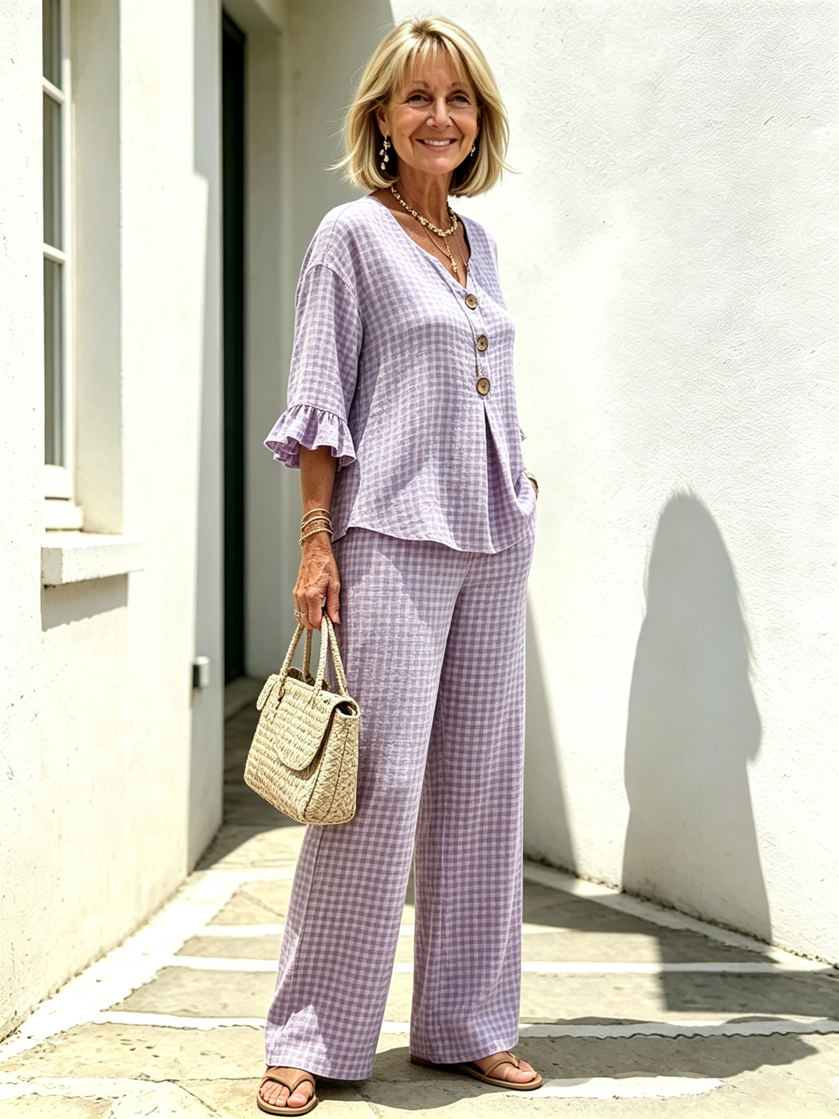Women Elegant Linen Blend Plaid Two-Piece Casual Pant Set, Woven Textured Gingham Check Pattern Matching Outfit, Notch V-Neck Three Wooden Button Front Top With Ruffle Flared 7/4 Length Bell Flounce Sleeves, Loose High Waist Wide Leg Full Length Trousers
