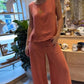 Women's Casual Solid Color Round Neck Vest Trousers Cotton and Linen Two-piece Set