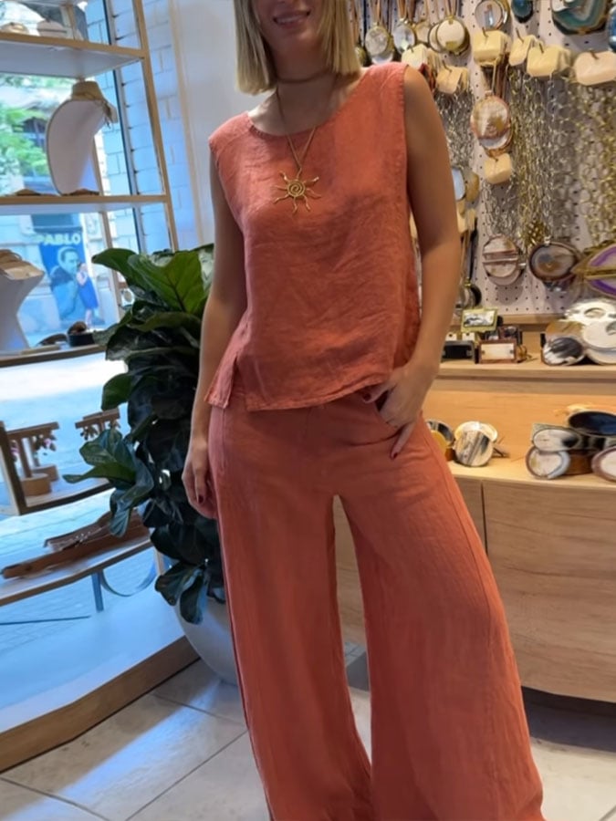 Women's Casual Solid Color Round Neck Vest Trousers Cotton and Linen Two-piece Set