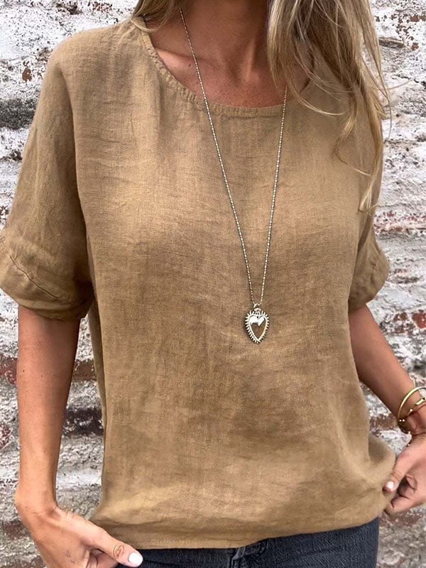 Round Neck Short Sleeve Cotton and Linen Top (Buy 3 Free Shipping)