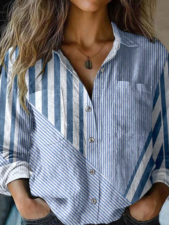 Women's Retro Casual Striped Long Sleeve Shirt