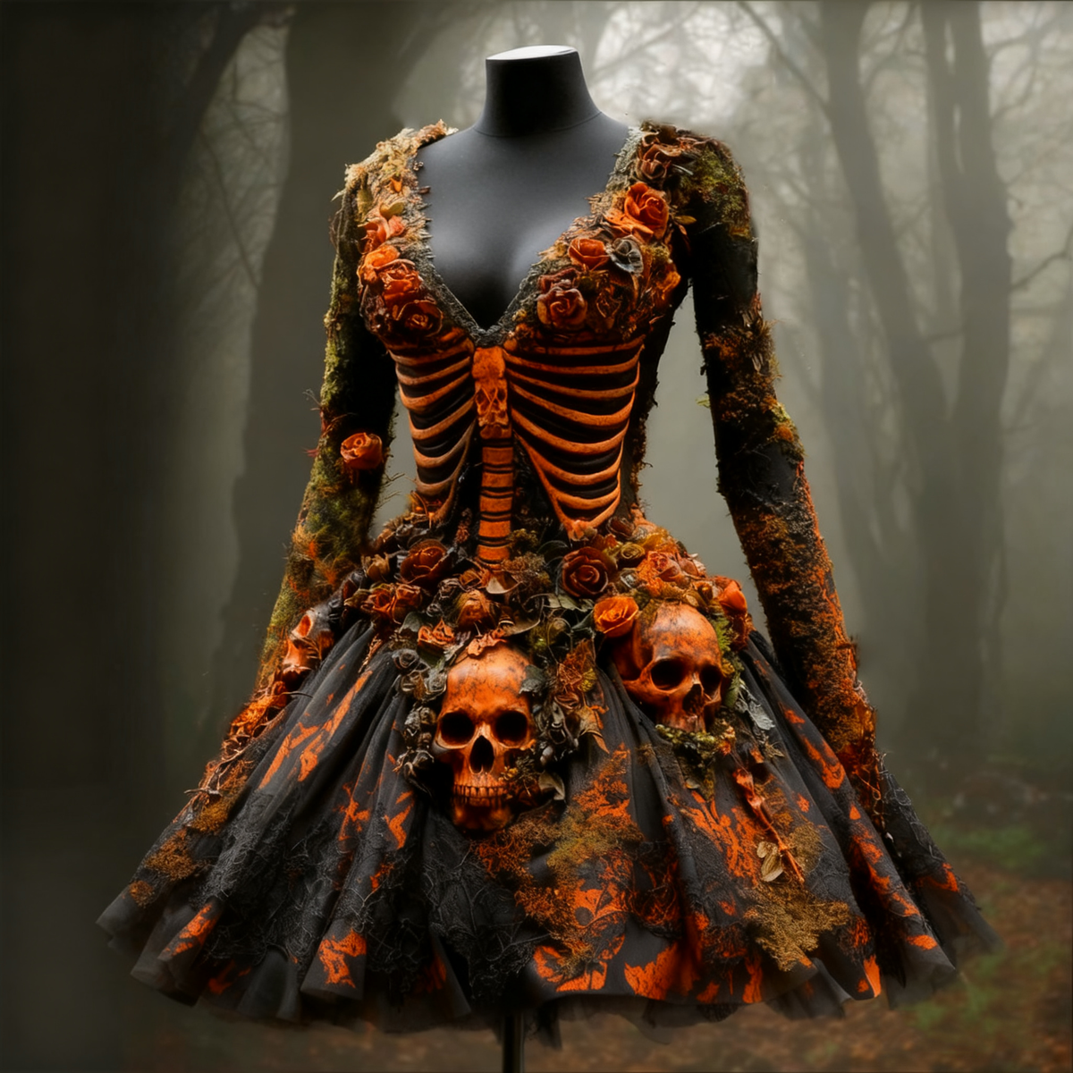 Women's Halloween Skull Flowers Moss Witch Midi Dress