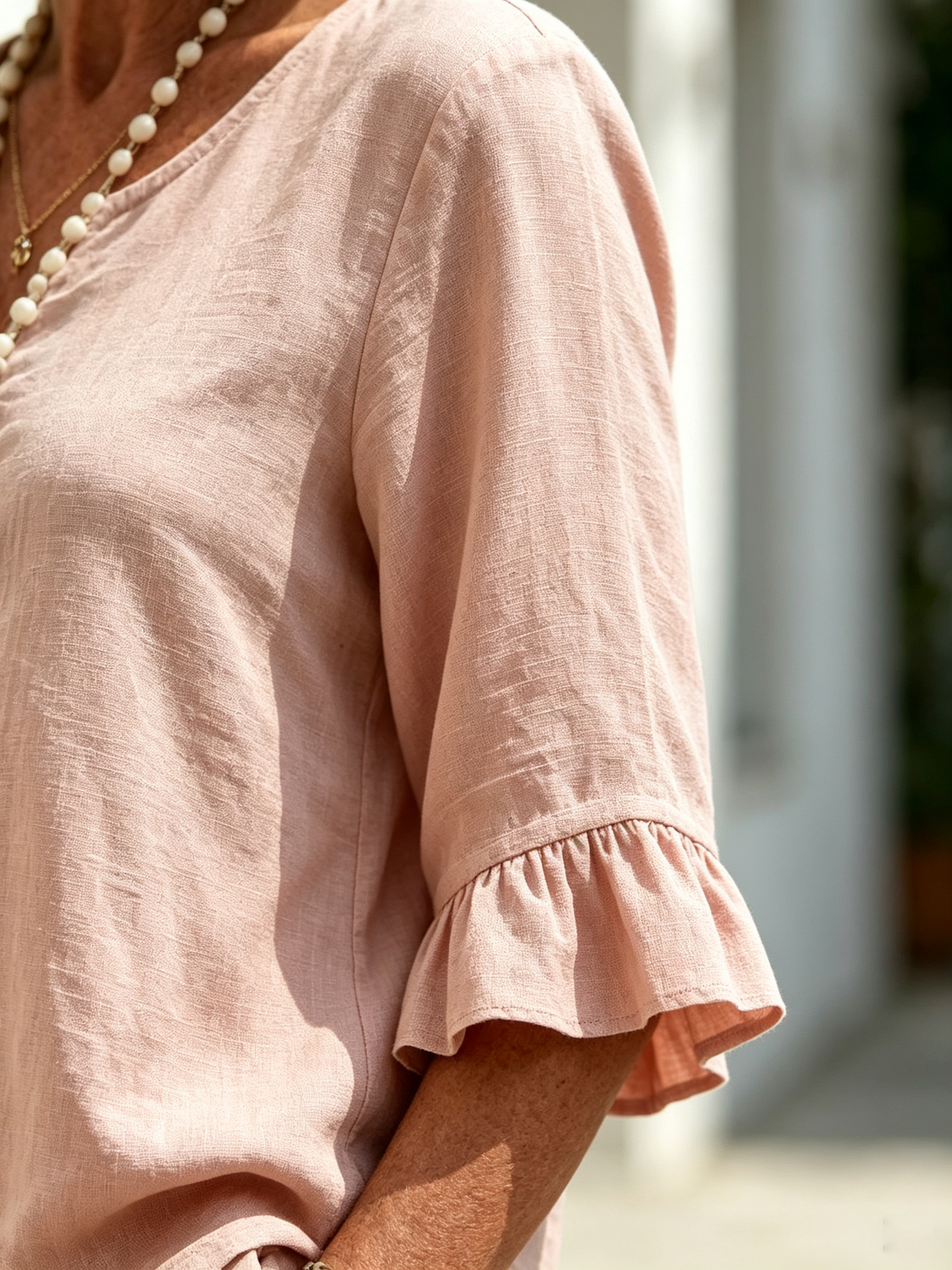 2Pcs Casual Matching Top and Skirt Set, V Neck Button Placket Blouse, Ruffle Edge Seven-quarter Sleeve, Solid Lightweight Linen-like Fabric, Loose A-line Midi Skirt, Relaxed Fit Co-Ord Outfit for Daily Wear and Vacation