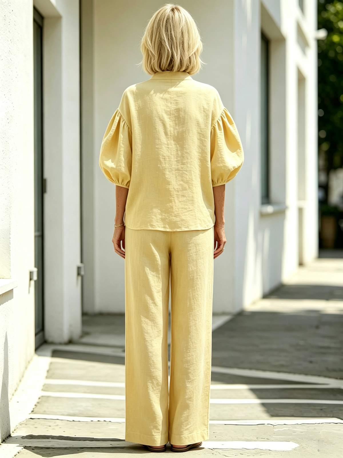 2Pcs Casual Matching Outfit Set, Stand Collar Half Zipper Top, Lantern Puff Sleeve Blouse, Solid Lightweight Textured Fabric, Elastic Drawstring Waist Wide Leg Long Pants, Relaxed Loose Fit Co-Ord Suit for Daily Leisure and Vacation