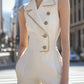 White Sleeveless Blazer Romper With Gold Trim