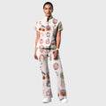 Women's Stand-Up Tie Zipper Halloween Printed Scrub Set ST9122