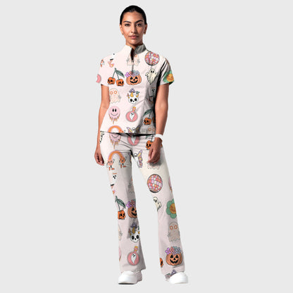 Women's Stand-Up Tie Zipper Halloween Printed Scrub Set ST9122