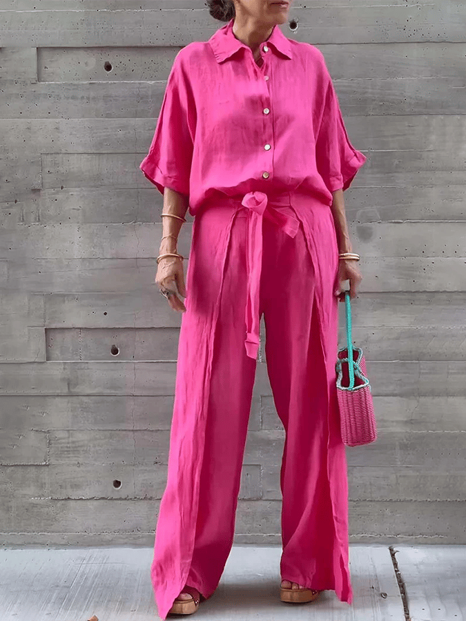 Women'S Casual Single-Breasted Shirt + Characteristic Strappy Wide-Leg Pants Suit