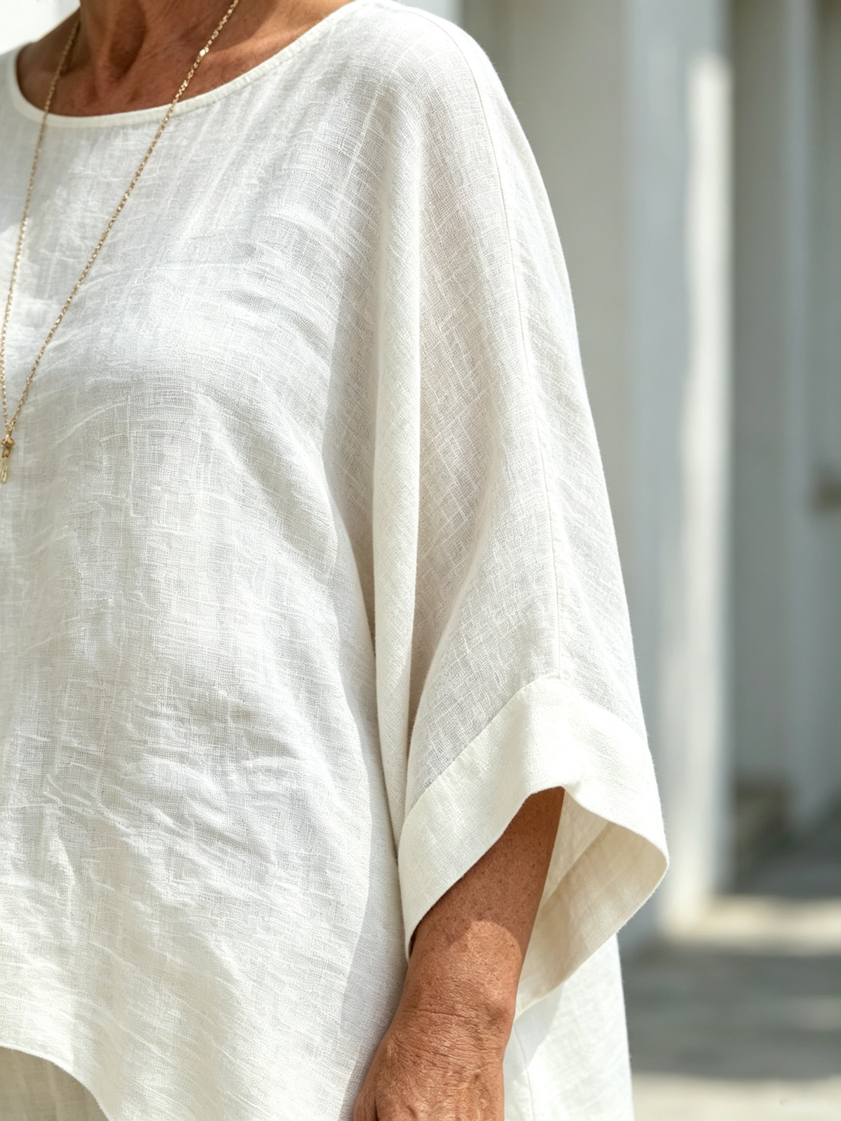 2Pcs Elegant Women Solid Linen‐Blend Two‐Piece Set, Oversized Batwing Sleeve Uneven Hem Tunic Blouse, Breathable Flowy Wide Leg Floor‐Length Pants, Loose Comfortable Casual Co‐ord Suit for Beach Holiday Daily Street Wear