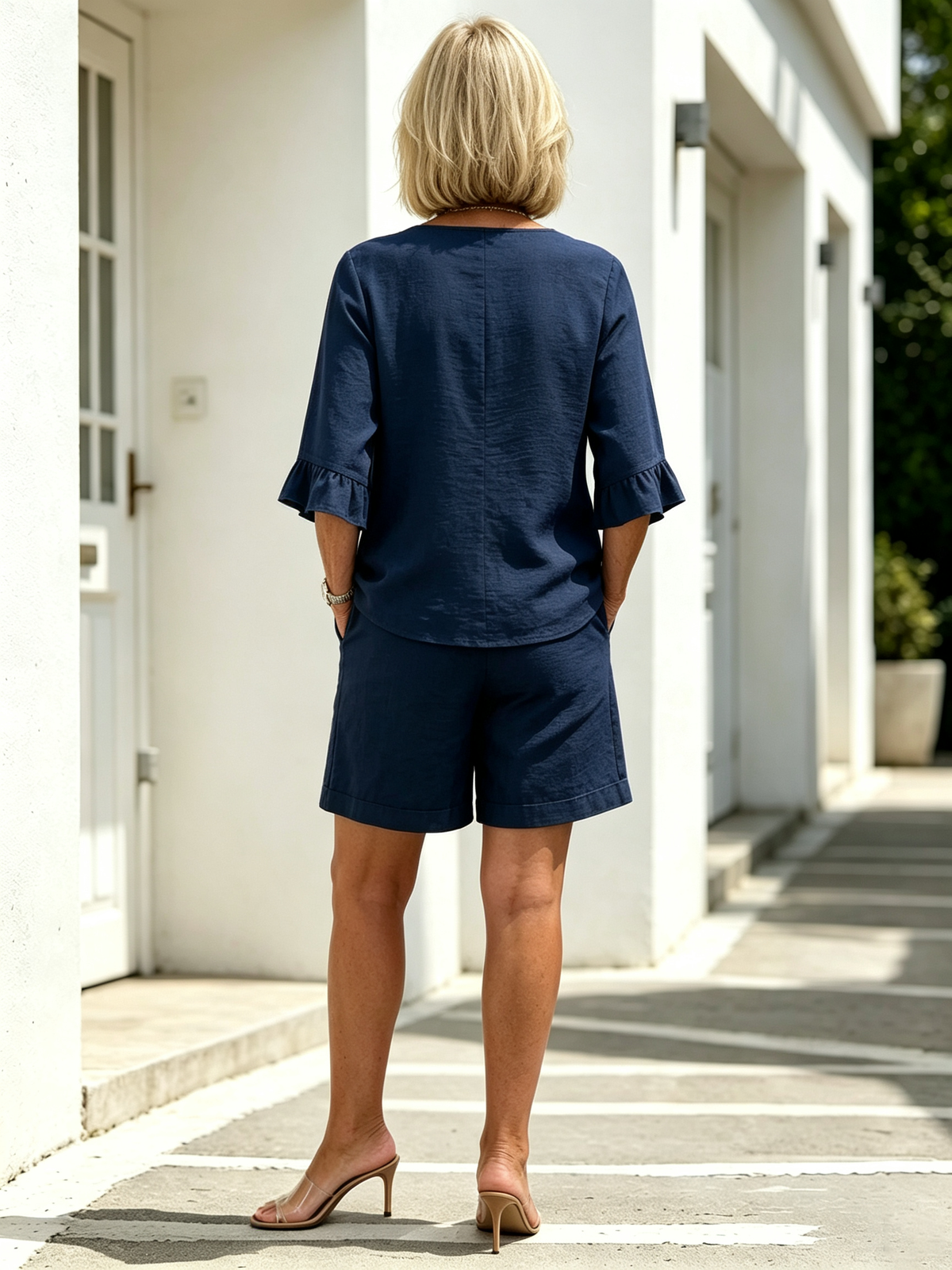 Women Solid Color Casual Shorts Two-Piece Pants Set, Woven Textured Faux Linen Matching Outfit, V-Neck Single Row Wooden Button Blouse With Ruffle Flared 5/7 Length Flutter Sleeves, Loose Relaxed Fit Elastic Waist Knee-Length Bermuda Three Point Shorts Wi
