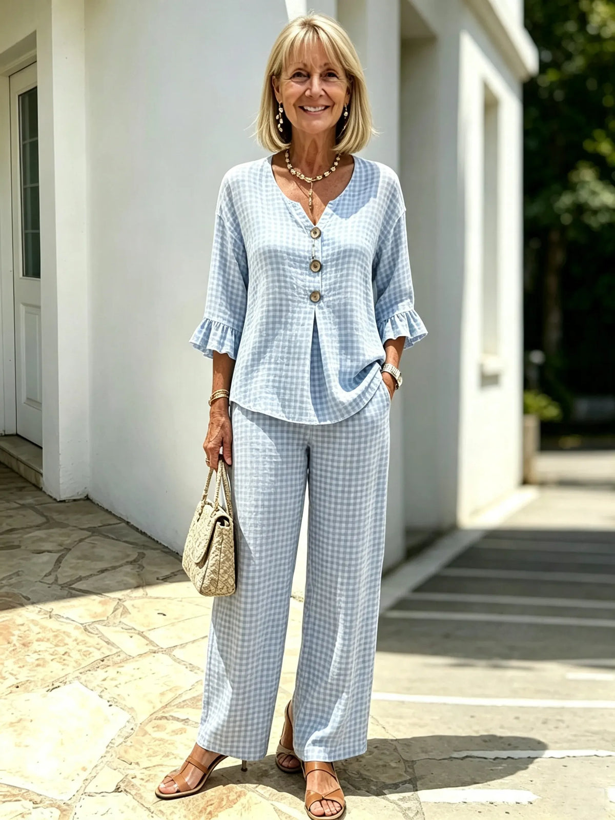 Women Elegant Linen Blend Plaid Two-Piece Casual Pant Set, Woven Textured Gingham Check Pattern Matching Outfit, Notch V-Neck Three Wooden Button Front Top With Ruffle Flared 7/4 Length Bell Flounce Sleeves, Loose High Waist Wide Leg Full Length Trousers