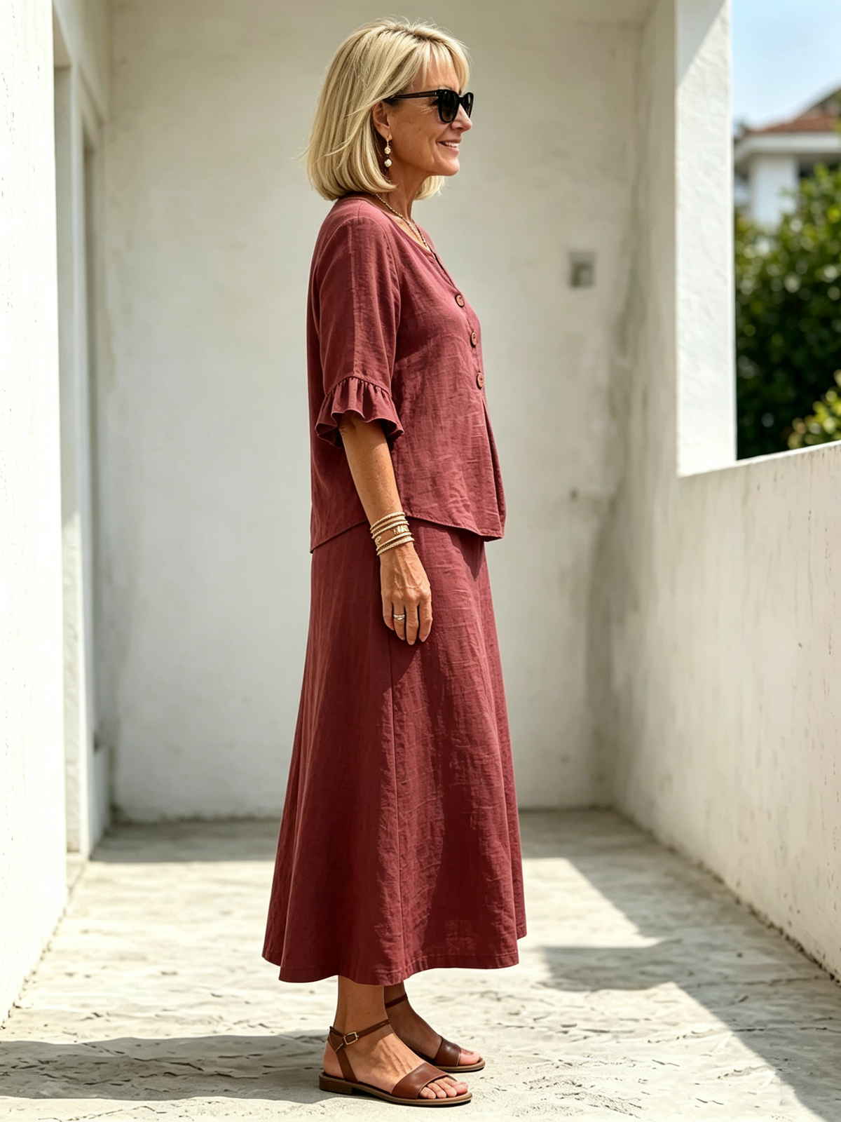 2Pcs Casual Matching Top and Skirt Set, V Neck Button Placket Blouse, Ruffle Edge Seven-quarter Sleeve, Solid Lightweight Linen-like Fabric, Loose A-line Midi Skirt, Relaxed Fit Co-Ord Outfit for Daily Wear and Vacation