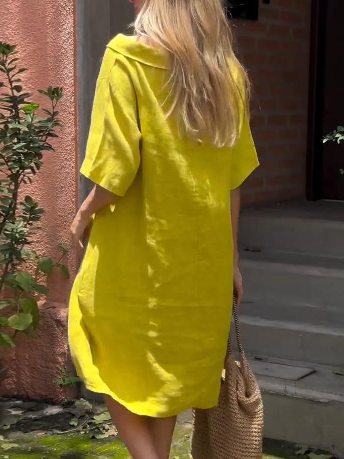 Women'S Casual Solid Color Short Sleeve Cotton And Linen Dress