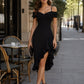 Off-Shoulder Asymmetric Ruffle Hem Midi Dress