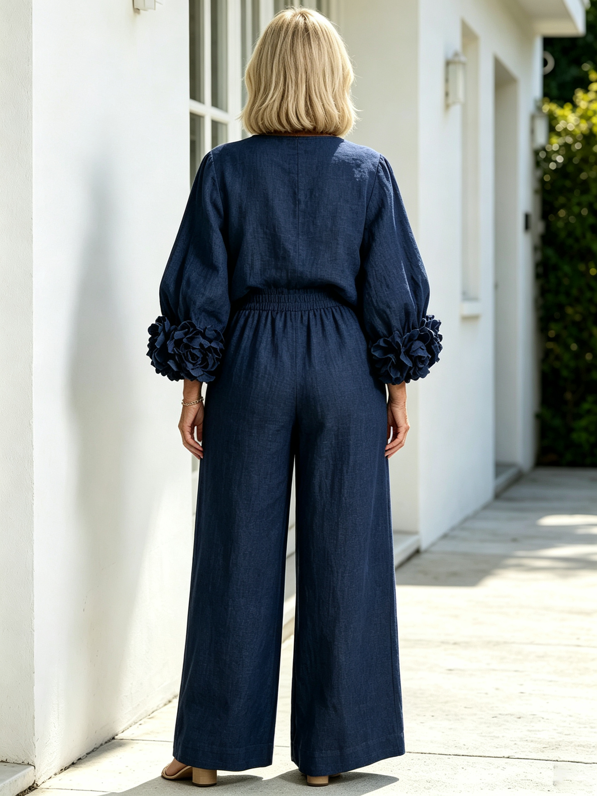 2Pcs Women Solid Color Linen Two Piece Pant Set, Crew Neck Long Sleeve Top with Statement 3D Floral Ruffle Cuffs, Elastic Waist Wide Leg Trousers, Relaxed Fit Matching Outfit for Casual Holiday Daily Outing