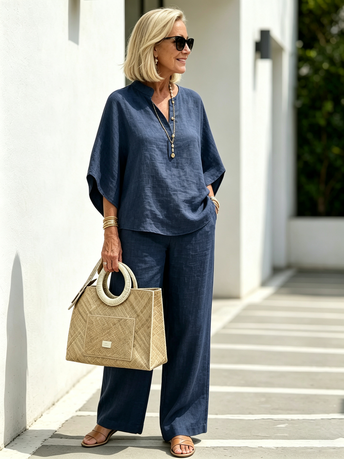 2Pcs Cotton and Linen Stand-up Collar Seven-quarter Sleeve Loose Sleeve Casual Suit