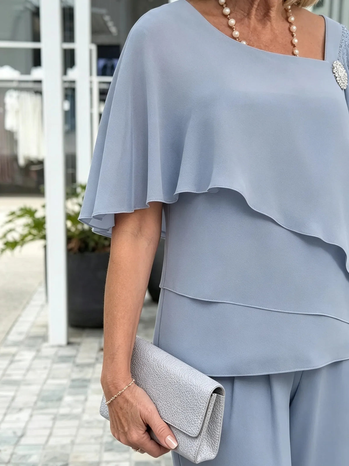 Women's 2 Piece Pants Outfit Set, Asymmetric Neck Flutter Sleeve Beaded Chiffon Top & Wide Leg Trousers, Elegant Loose Matching Two Piece Set for Wedding Guest Daily