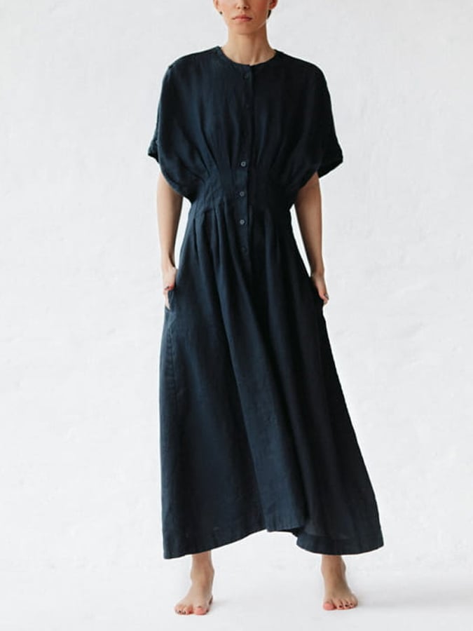 Women's Solid Color Gathered Waist Button Linen Dress