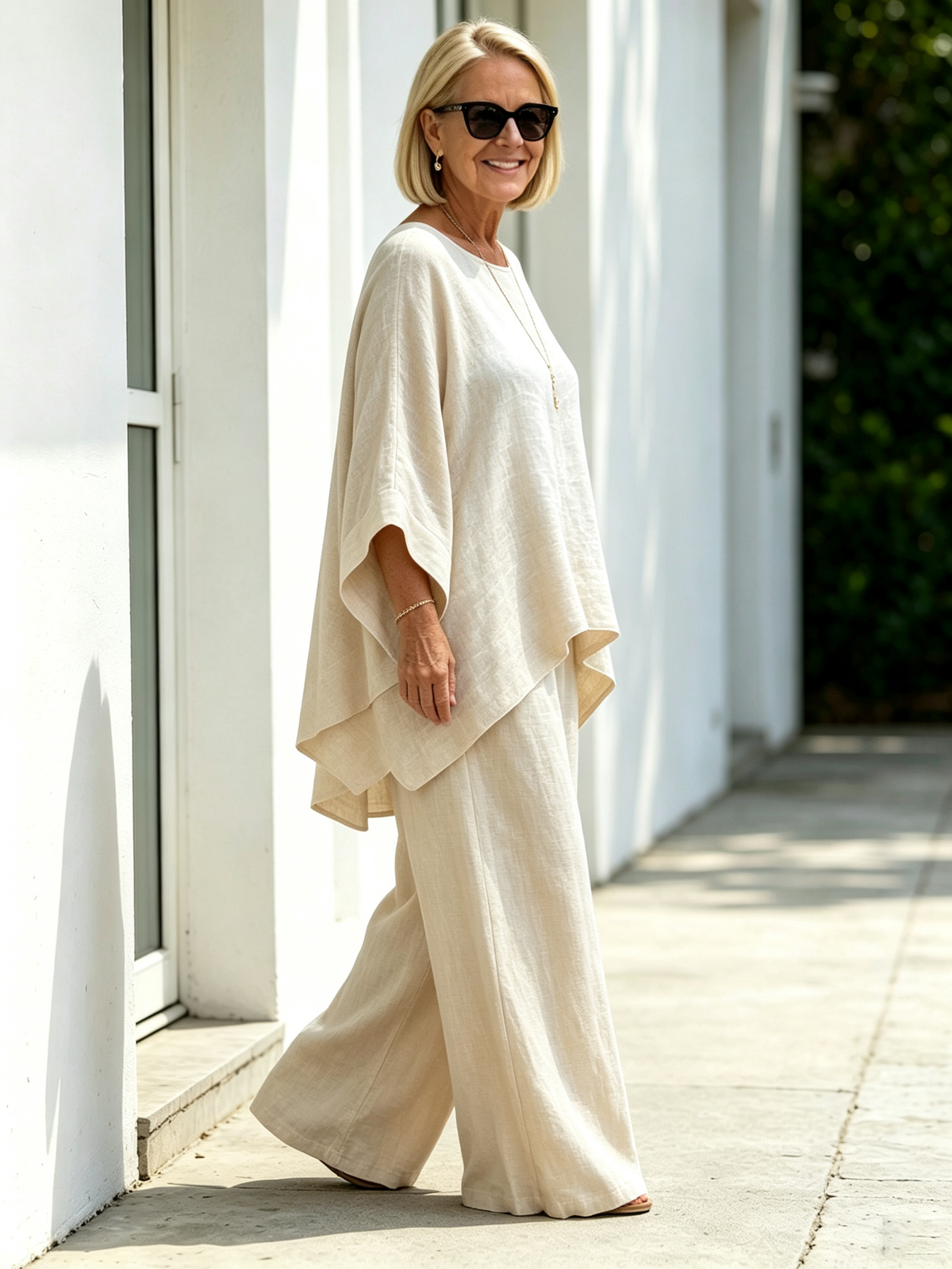 2Pcs Elegant Women Solid Linen‐Blend Two‐Piece Set, Oversized Batwing Sleeve Uneven Hem Tunic Blouse, Breathable Flowy Wide Leg Floor‐Length Pants, Loose Comfortable Casual Co‐ord Suit for Beach Holiday Daily Street Wear