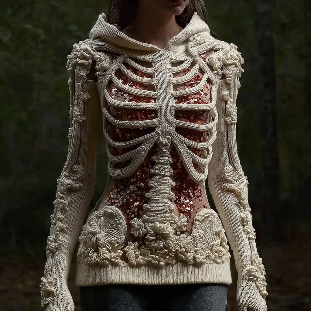 Halloween Skull Floral Knitted Warm Hooded Sweater