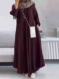 Women's Casual Solid Color V-Neck Long Sleeve Cotton and Linen Dress