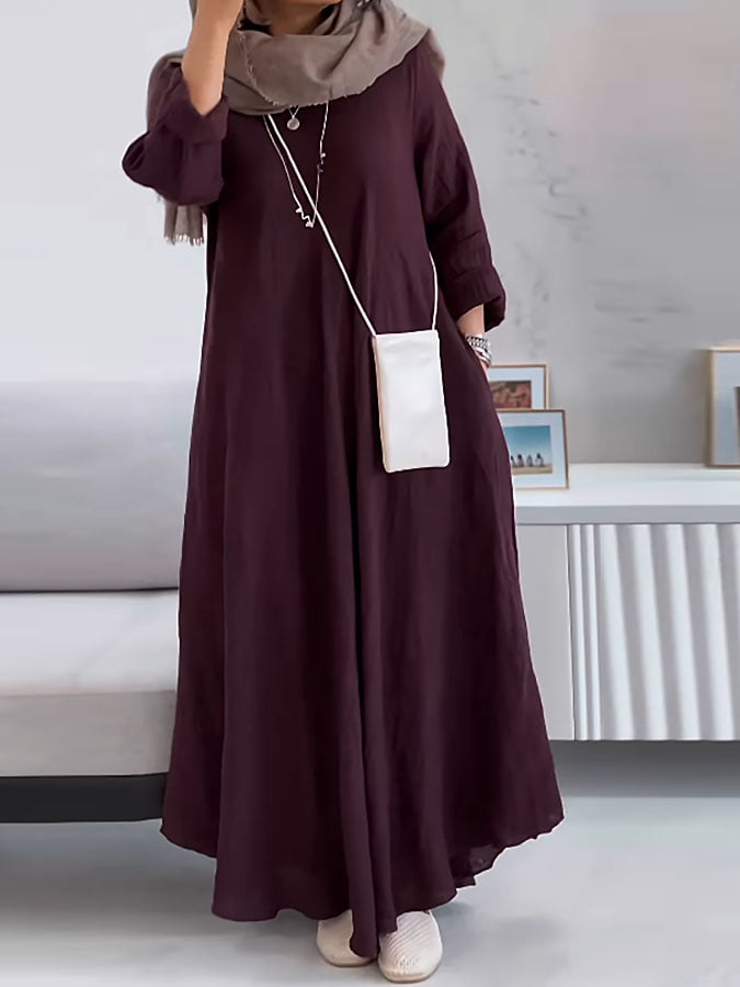 Women's Casual Solid Color V-Neck Long Sleeve Cotton and Linen Dress