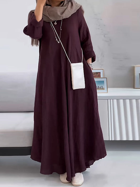 Women's Casual Solid Color V-Neck Long Sleeve Cotton and Linen Dress
