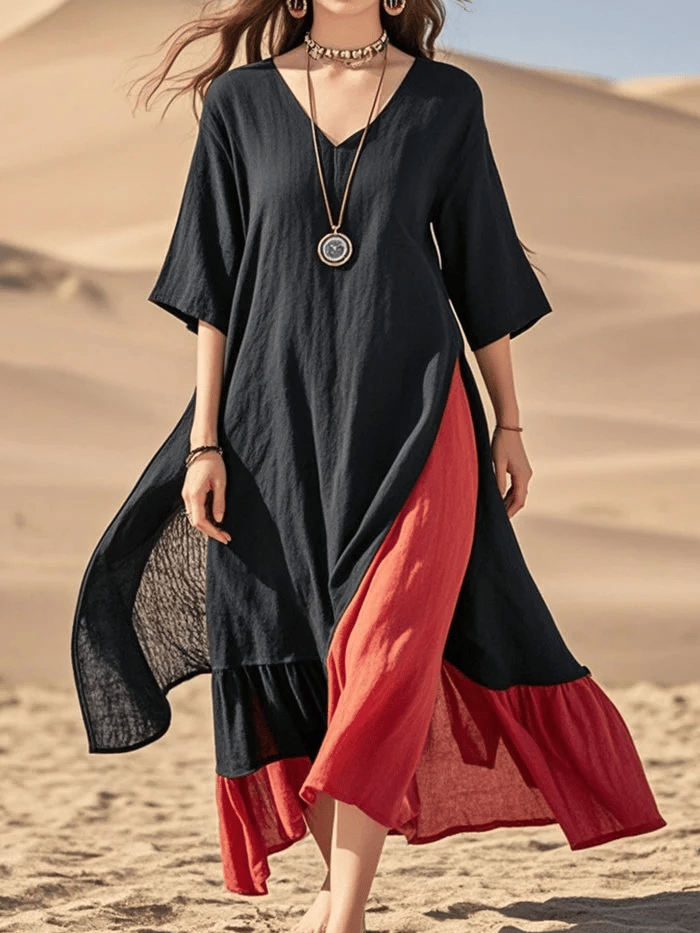 Women's V-Neck Contrast Asymmetric Cotton Dress