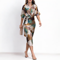 Women's Elegant Printed V-Neck Lace-Up Waist Slim Dress
