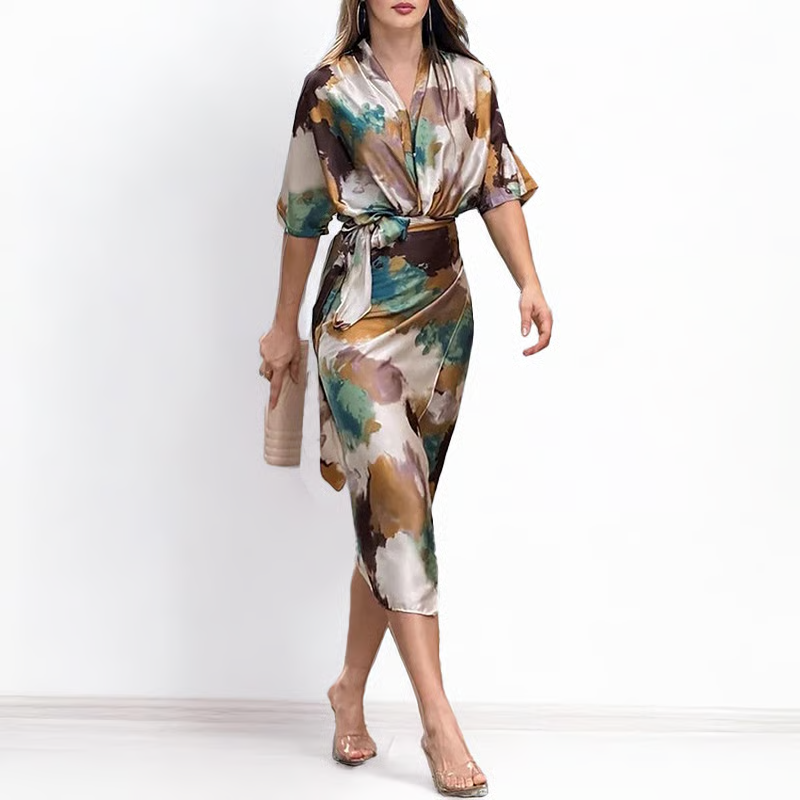 Women's Elegant Printed V-Neck Lace-Up Waist Slim Dress
