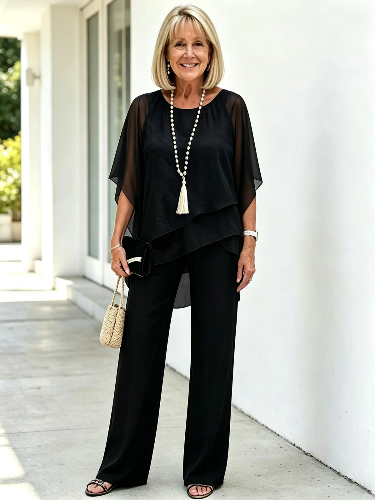 2 Piece Pant Set, Round Neck Keyhole Cutout Chiffon Cape Top, Irregular Layered Hem, Loose Flowy Batwing Sleeves, High Waist Straight Wide Leg Trousers, Lightweight Sheer Fabric, Elegant Outfit Set for Wedding Guest and Formal Occasions