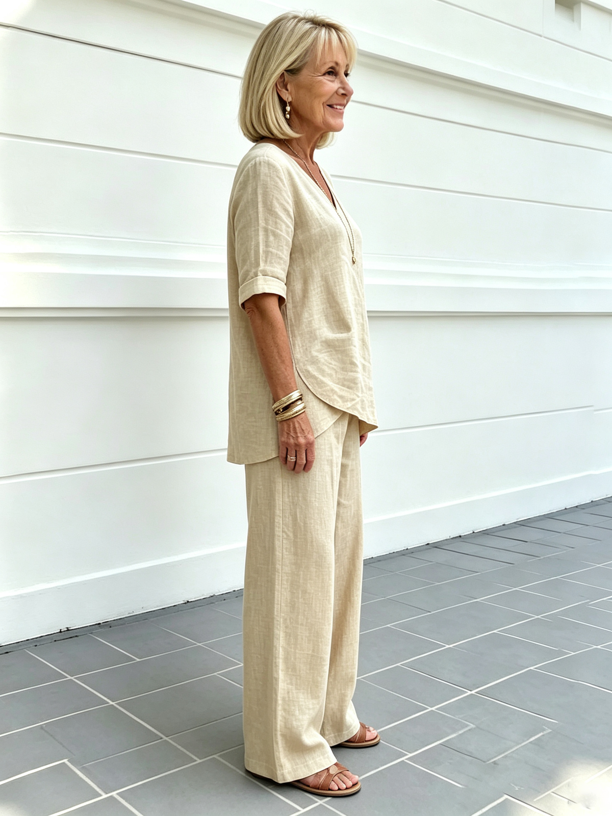 Casual Cotton and Linen Solid Color Fashion Casual Medium Sleeve V-neck Top Set