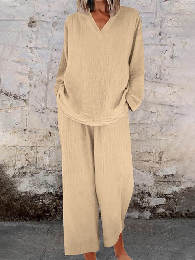Women's Casual V-neck Pullover Long Sleeve + Pocket Trousers Cotton and Linen Suit