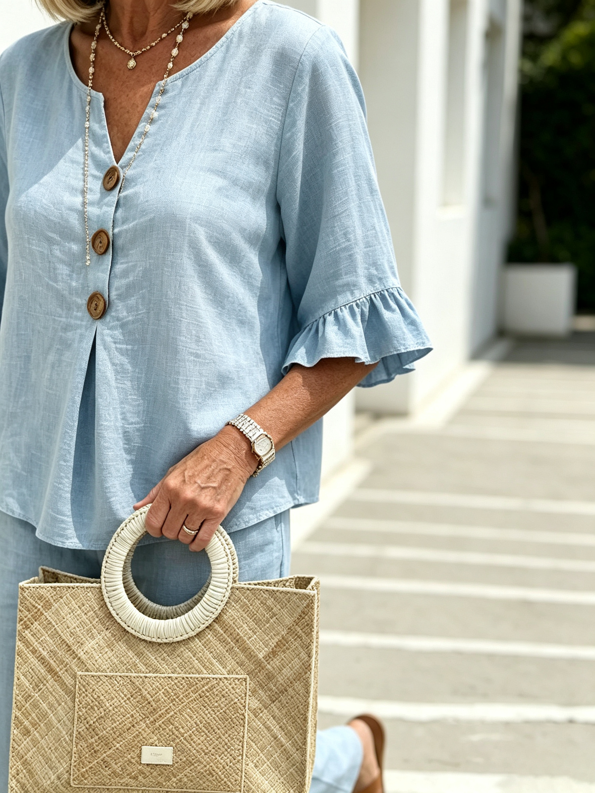 Women's Casual Button V-Neck Ruffle Women Summer Linen Two-Piece Outfit Set, V-Neck Wooden Button Front Ruffle 3/4 Sleeve Loose Casual Top & Matching Wide Leg Long Pants, Lightweight Breathable Textured Fabric High-End Seven-Sleeve Linen Top Two-piece Set