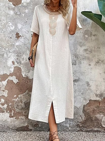 Ladies Lace Collar Cotton And Linen Dress