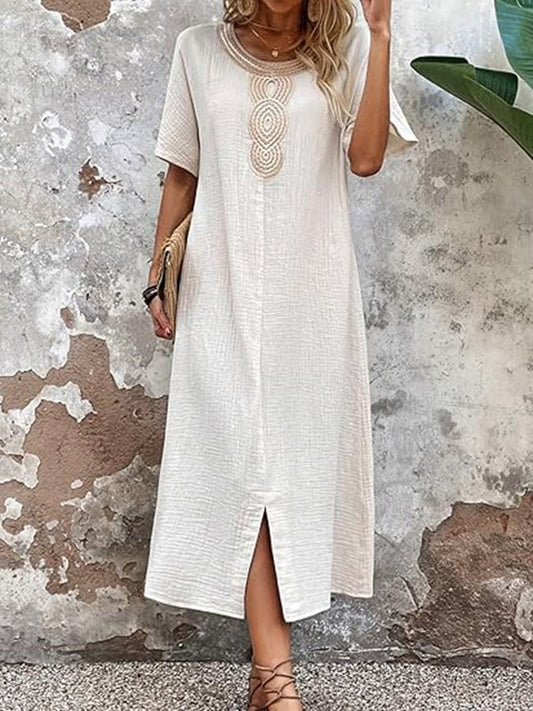 Ladies Lace Collar Cotton And Linen Dress