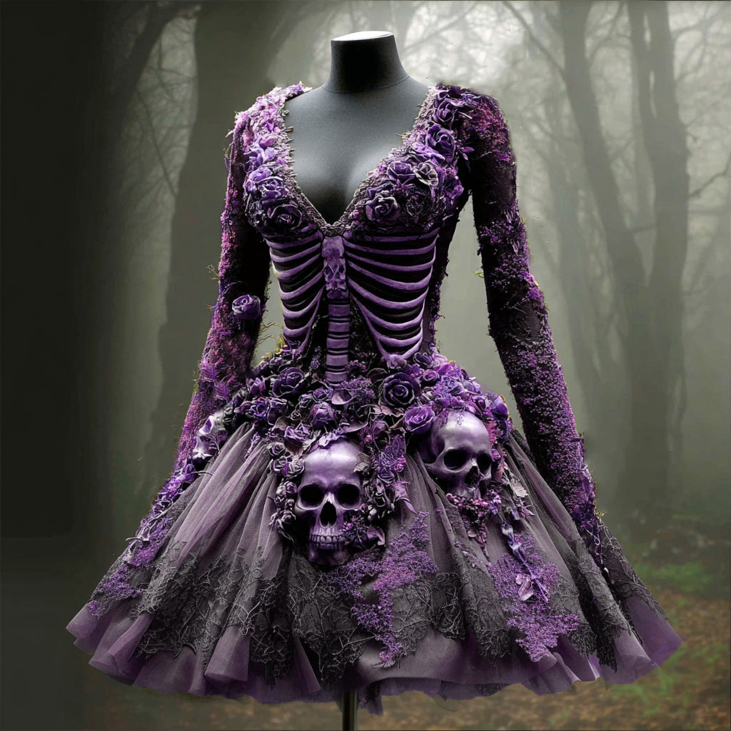 Women's Halloween Skull Flowers Moss Witch Midi Dress