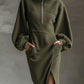 Soft Polar Fleece Lantern Sleeves Front Zipper Side Slit Midi Dress