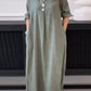 Women's Casual Solid Color V-Neck Long Sleeve Button Cotton and Linen Dress