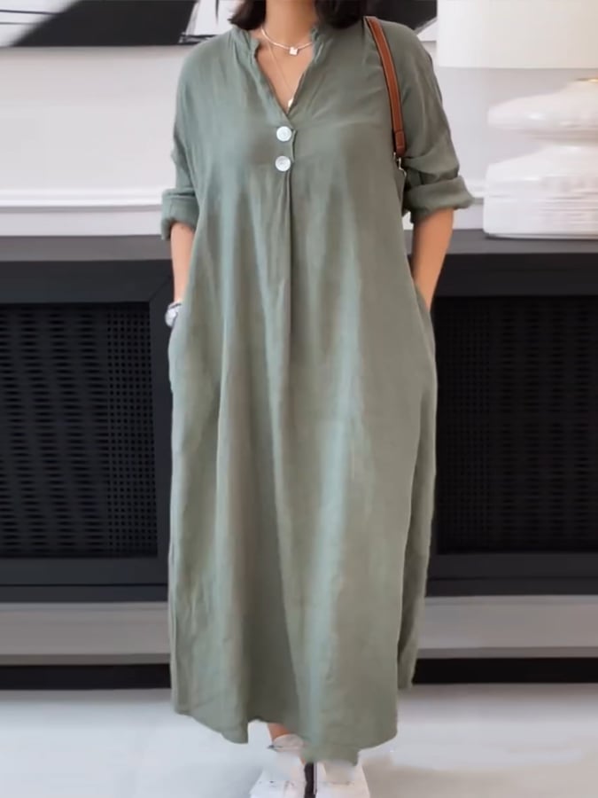 Women's Casual Solid Color V-Neck Long Sleeve Button Cotton and Linen Dress